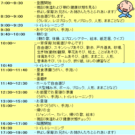 おいらせ錦ヶ丘保育園　1日の予定　乳児